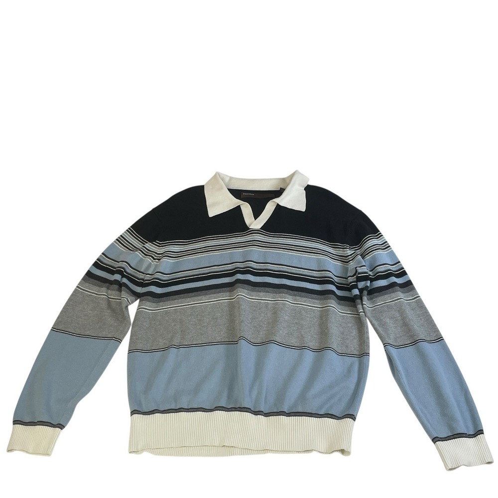 Perry Ellis Men's Striped Rugby Sweater Blue/Gray Collared Knit‎ Size L Y2K Prep